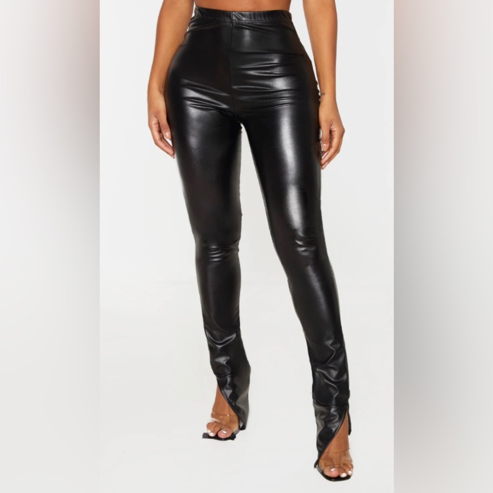 Pretty Little Thing Black Faux Leather Split Hem Pants